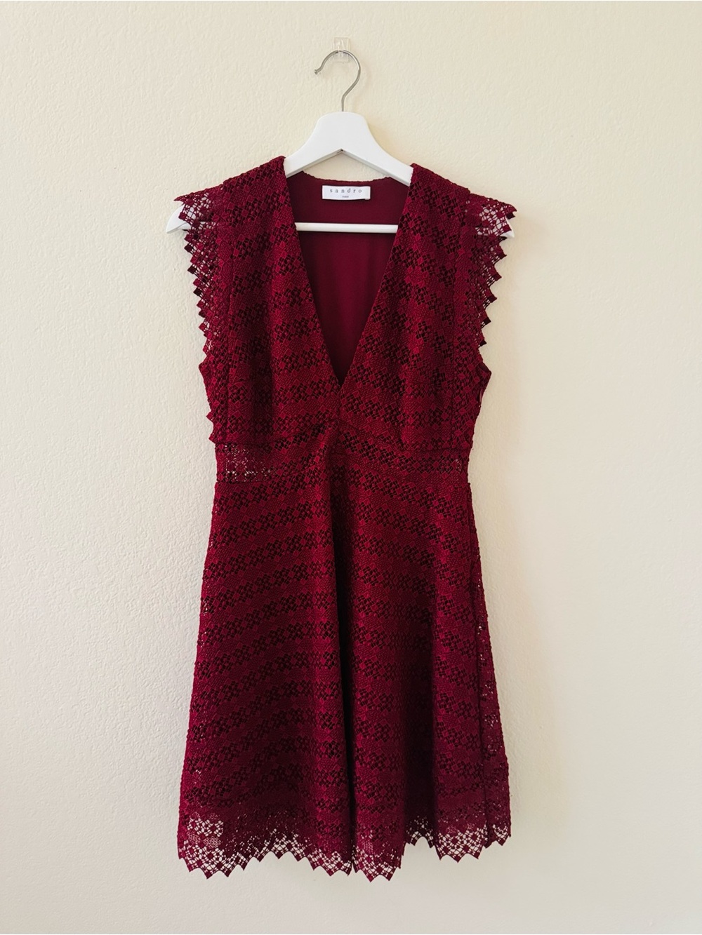 Sandro Burgundy Lace V-Neck Midi Dress